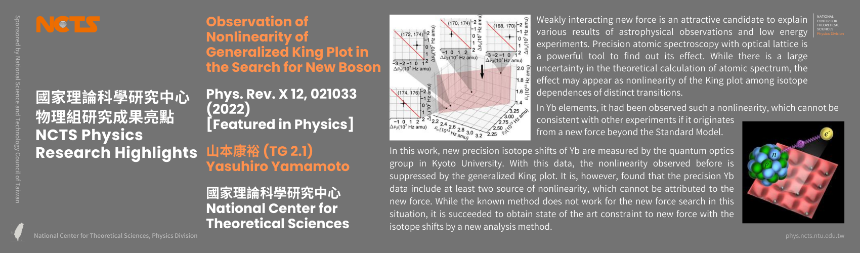 [NCTS Physics Research Highlights] Yasuhiro Yamamoto 'Observation of Nonlinearity of Generalized King Plot in the Search for New Boson', Phys. Rev. X 12, 021033 (2022)