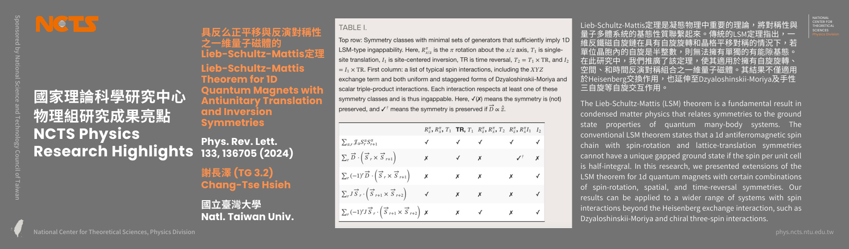 [NCTS Physics Research Highlights] Chang-Tse Hsieh 'Lieb-Schultz-Mattis Theorem for 1D Quantum Magnets with Antiunitary Translation and Inversion Symmetries', Phys. Rev. Lett. 133, 136705 (2024)